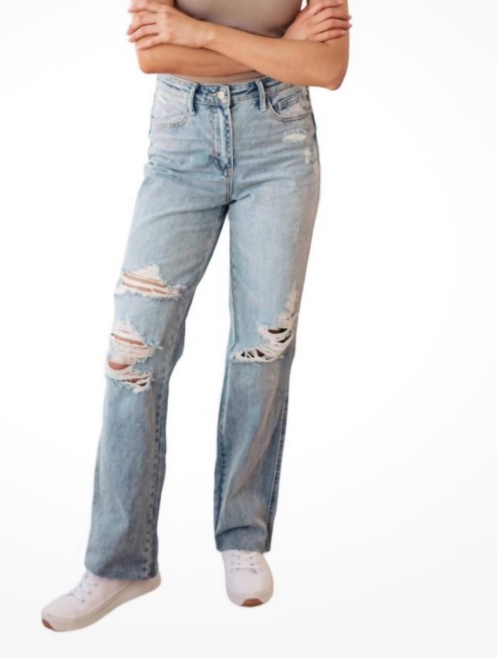 Distressed Light Blue Straight Leg Women's Jeans